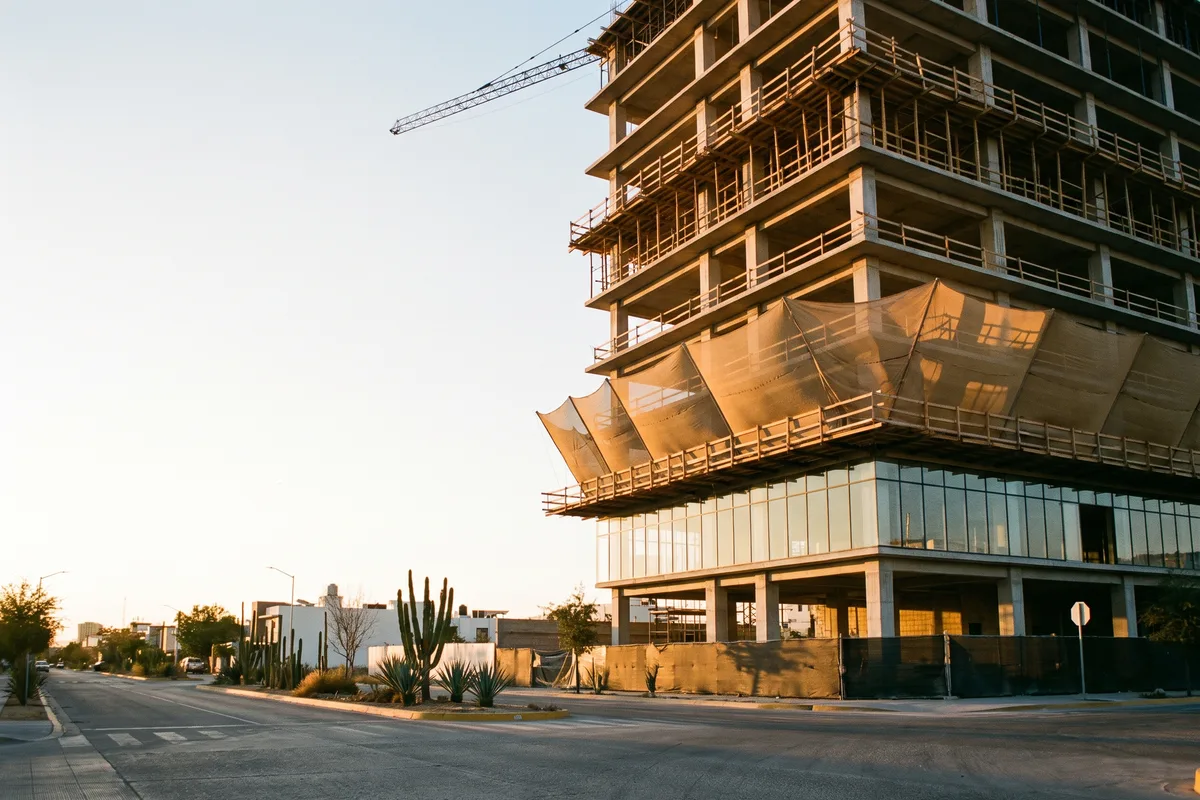 Obra de una torre residencial en Zapopan al atardecer, con estructura de concreto y grúa